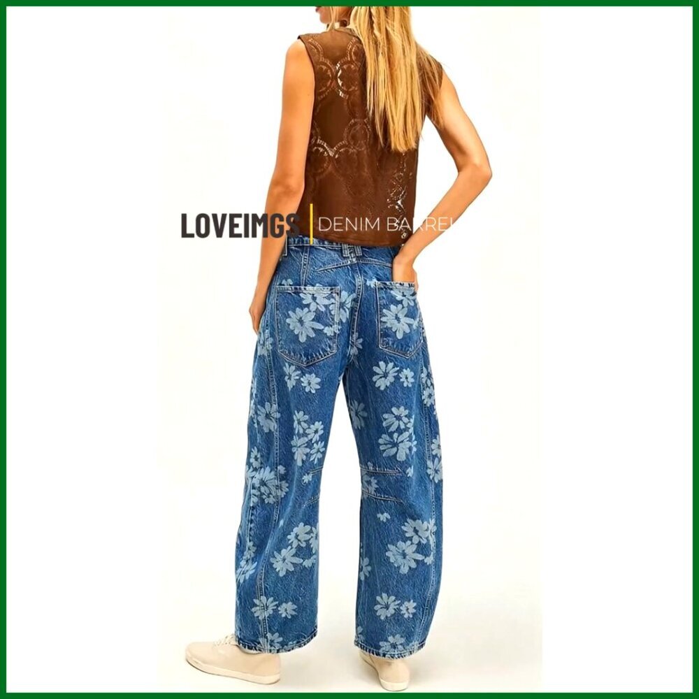 Distressed Barrel Jeans Baggy Wide Leg Floral Printed Patchwork Denim Pants - Picture 7 of 7